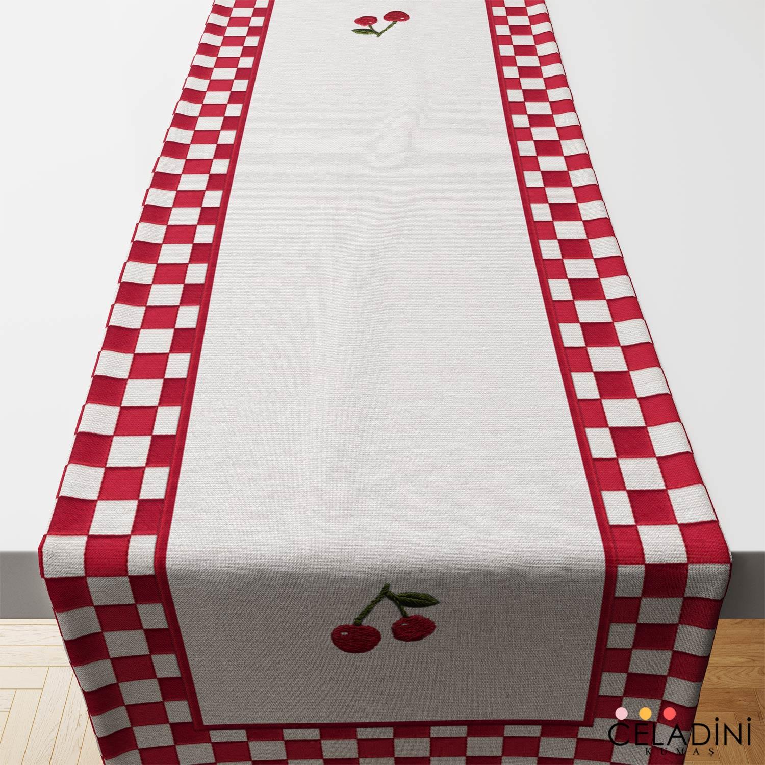 3D Nakış Efektli Kiraz Runner Kumaşı