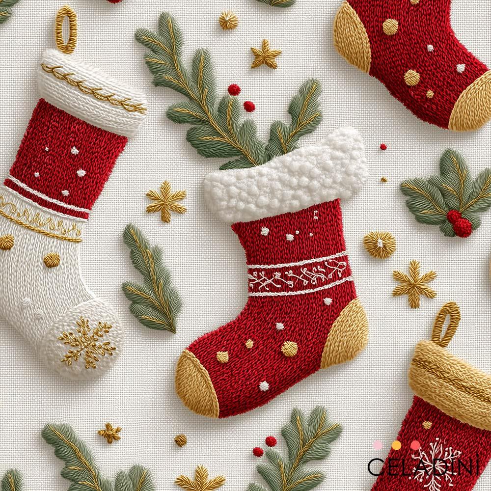 3D Nakış Efektli Kırmızı Yılbaşı Çorapları Yılbaşı Kumaşı