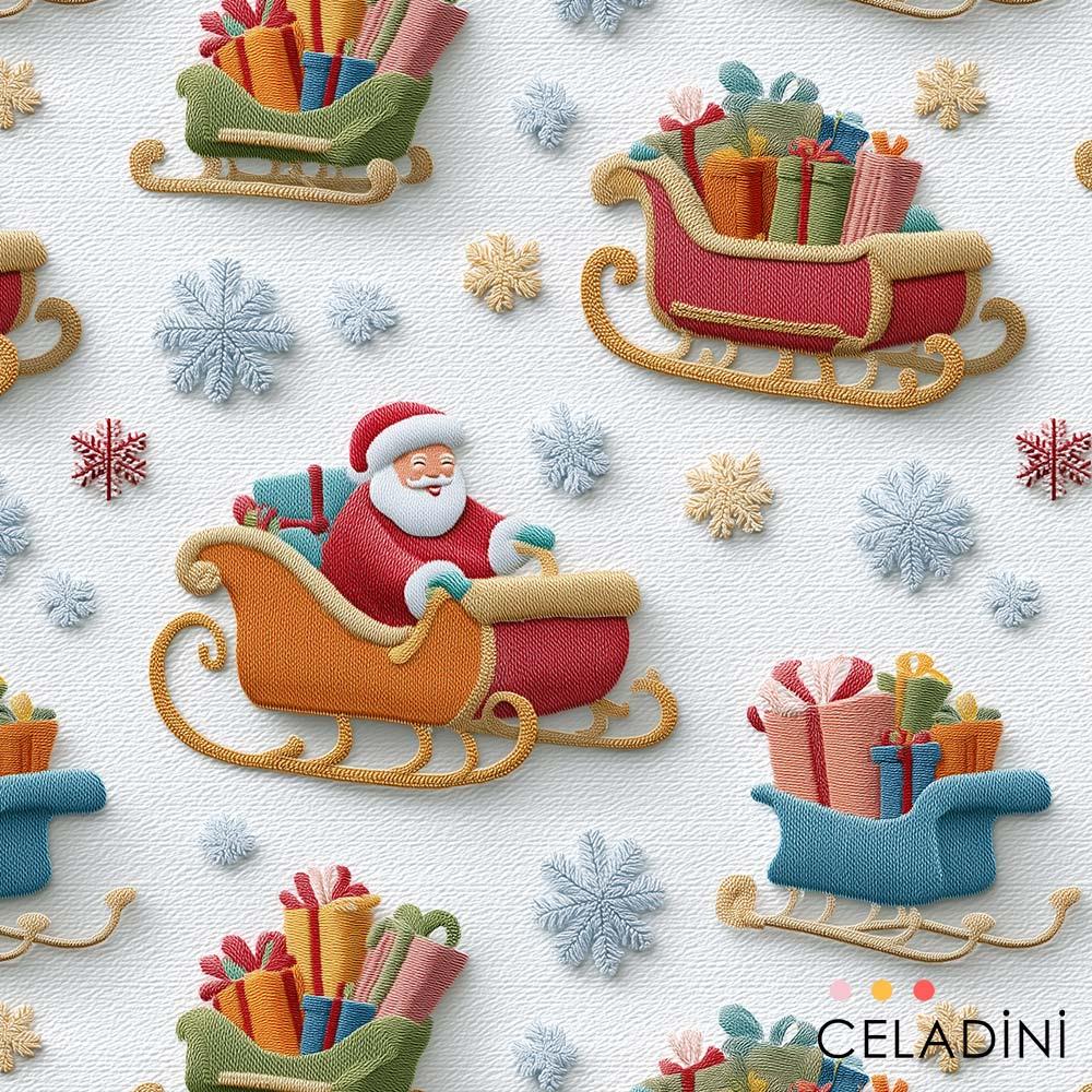 3D Nakış Efektli Kızaklı Noel Baba Yılbaşı Kumaşı