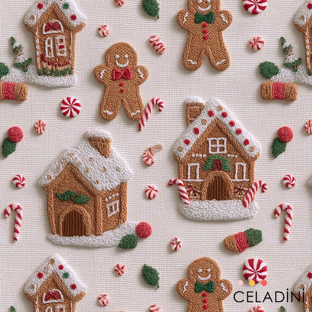 3D Nakış Efektli Kurabiye Adamlar ve Evler Yılbaşı Kumaşı