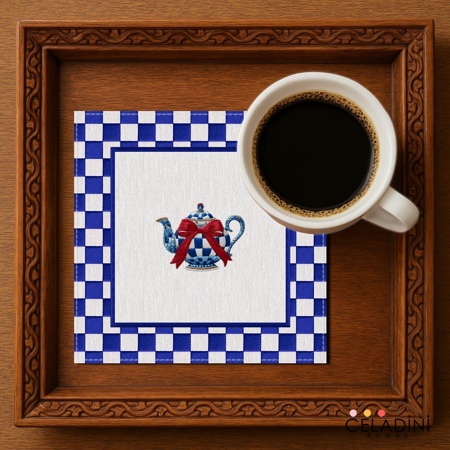 3D Nakış Efektli Lacivert Çaydanlık Kokteyl Peçetesi Kumaşı