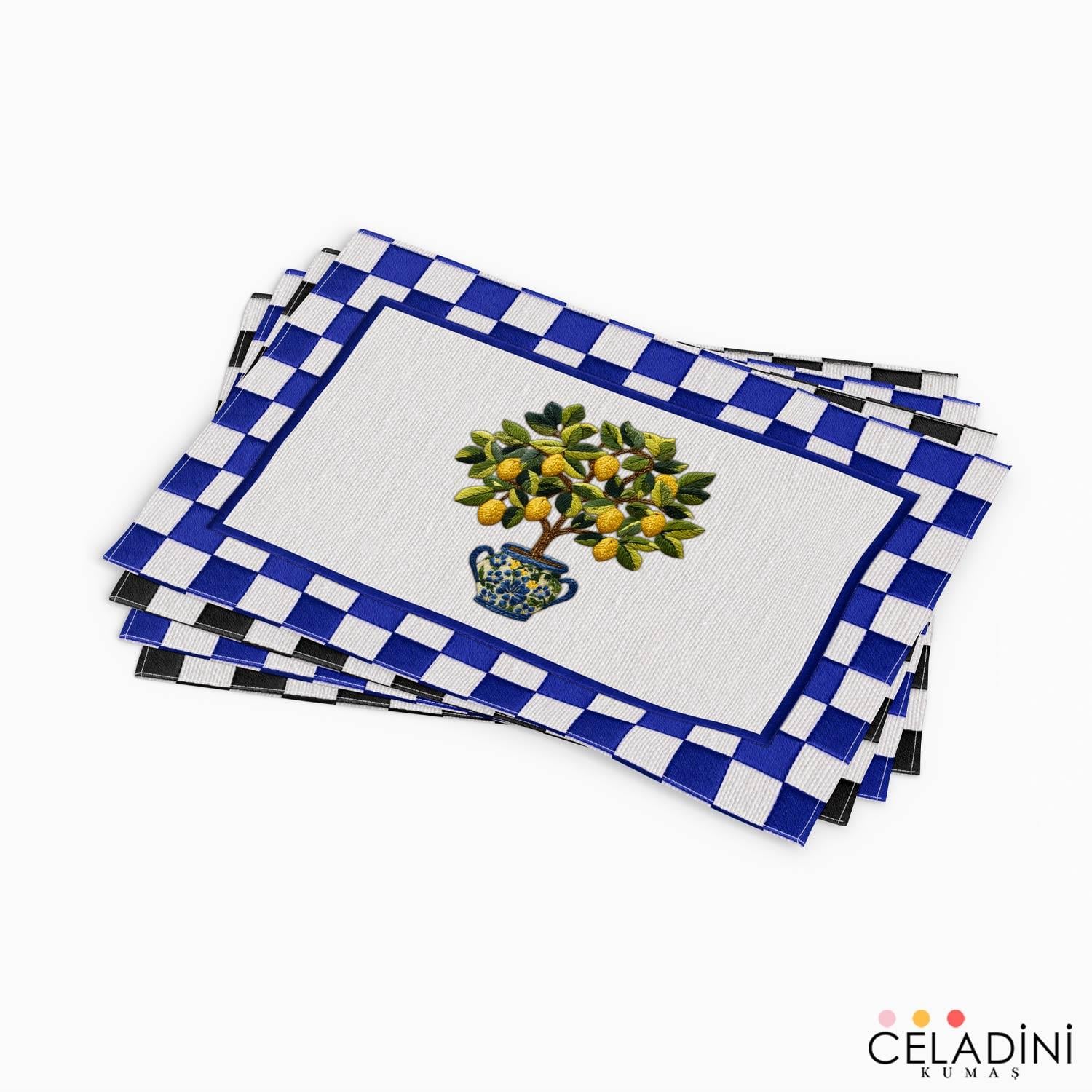 3D Nakış Efektli Limon Ağacı 4'lü Amerikan Servis Kumaşı