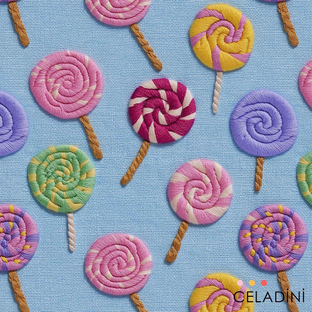 3D Nakış Efektli Lolipop  Desenli Kumaş