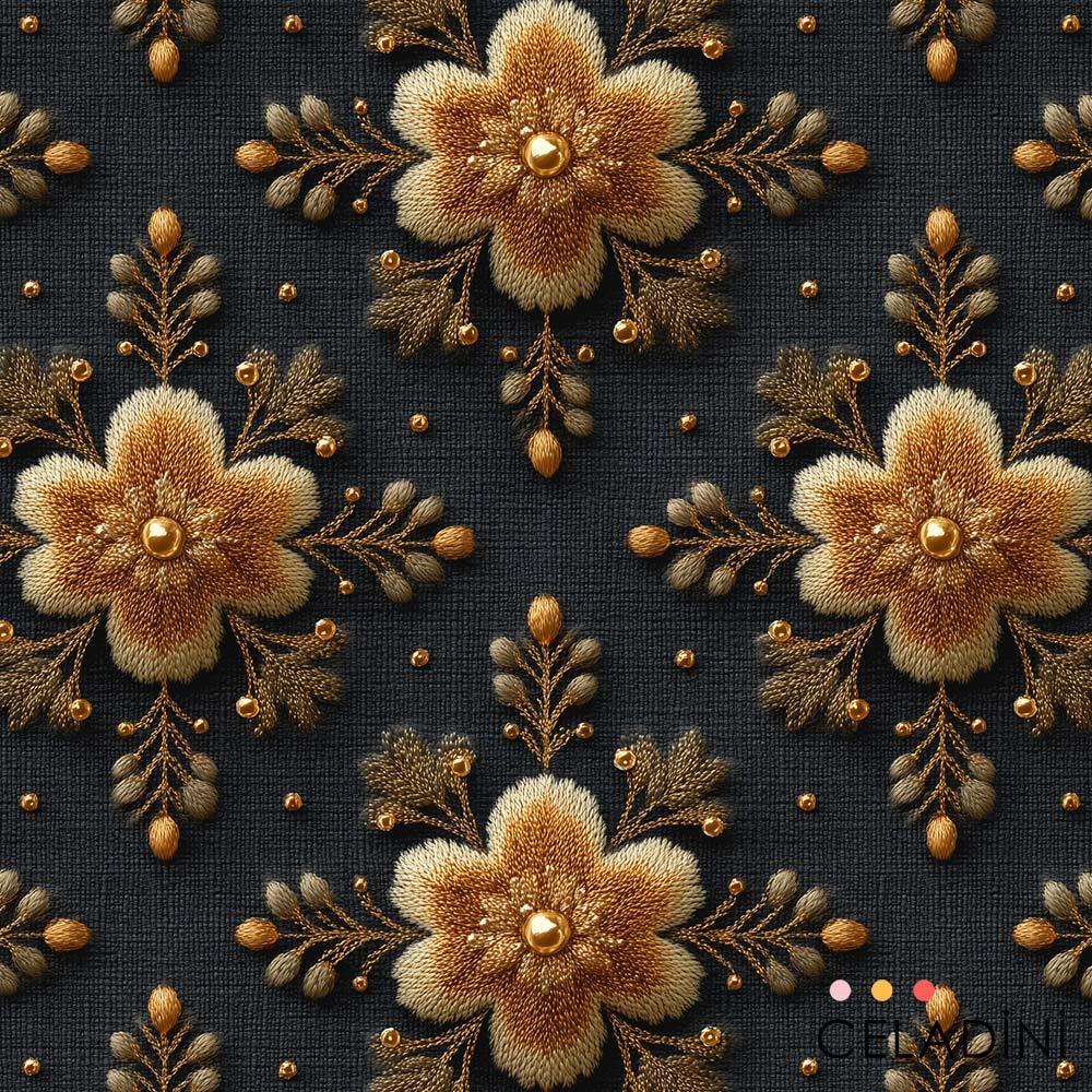3D Nakış Efektli Lüks Altın Flora Yılbaşı Kumaşı