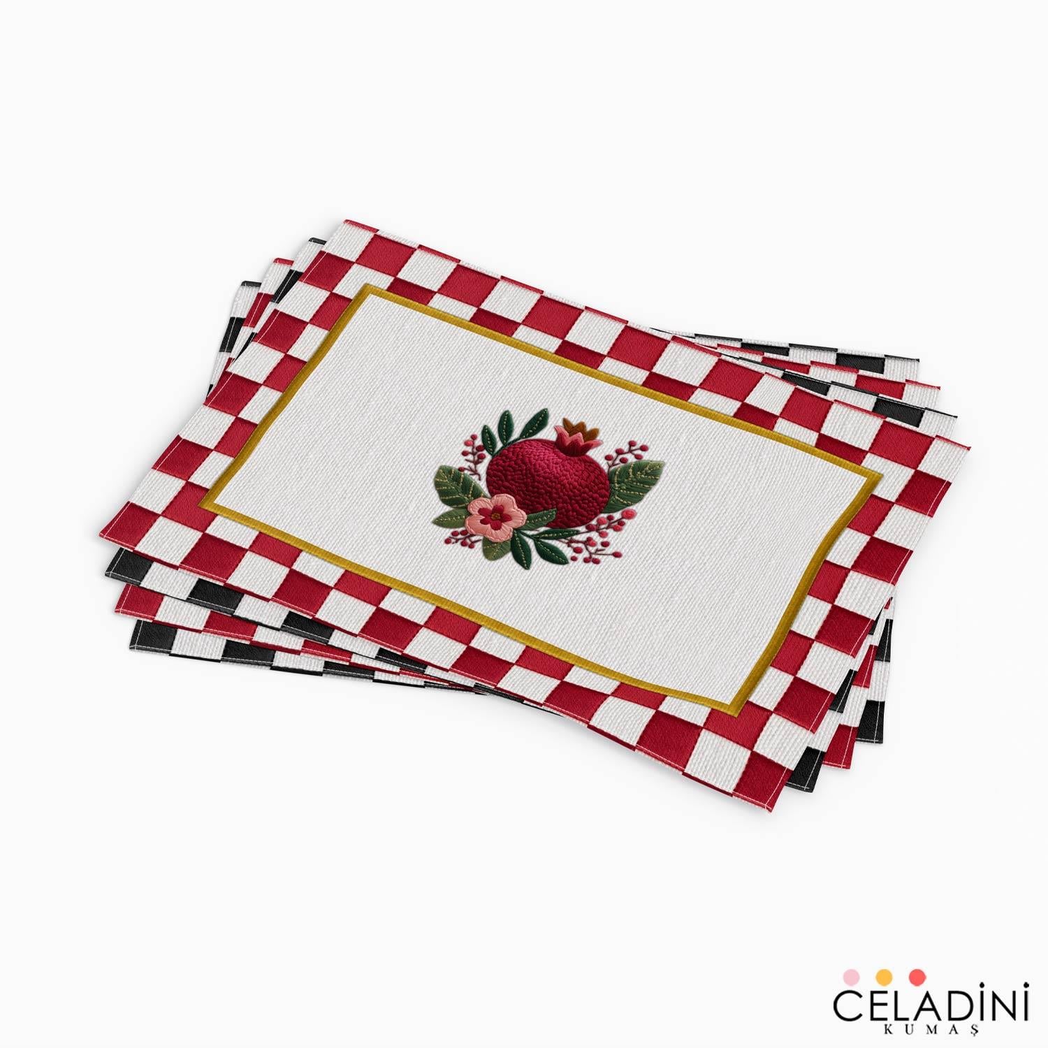 3D Nakış Efektli Nar 4'lü Amerikan Servis Kumaşı