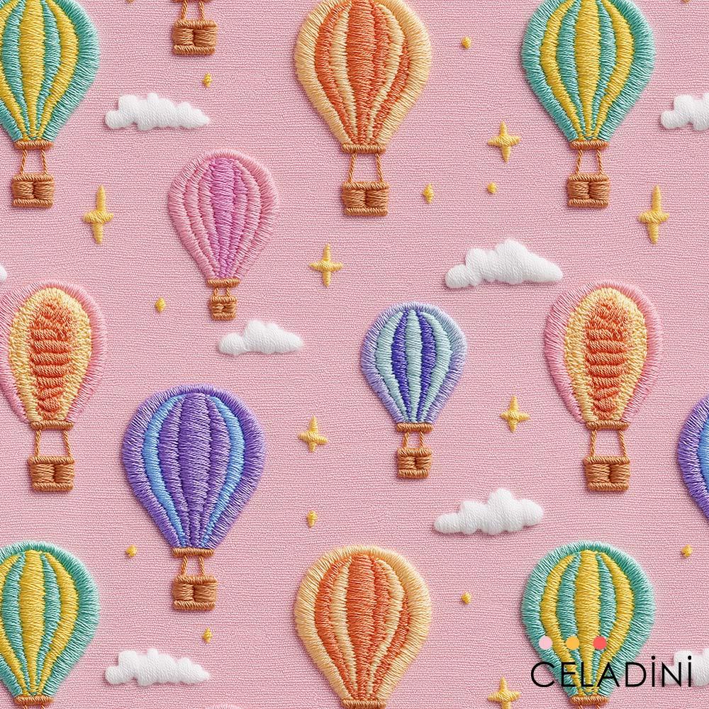 3D Nakış Efektli Pembe Fon Balonlar Desenli Kumaş