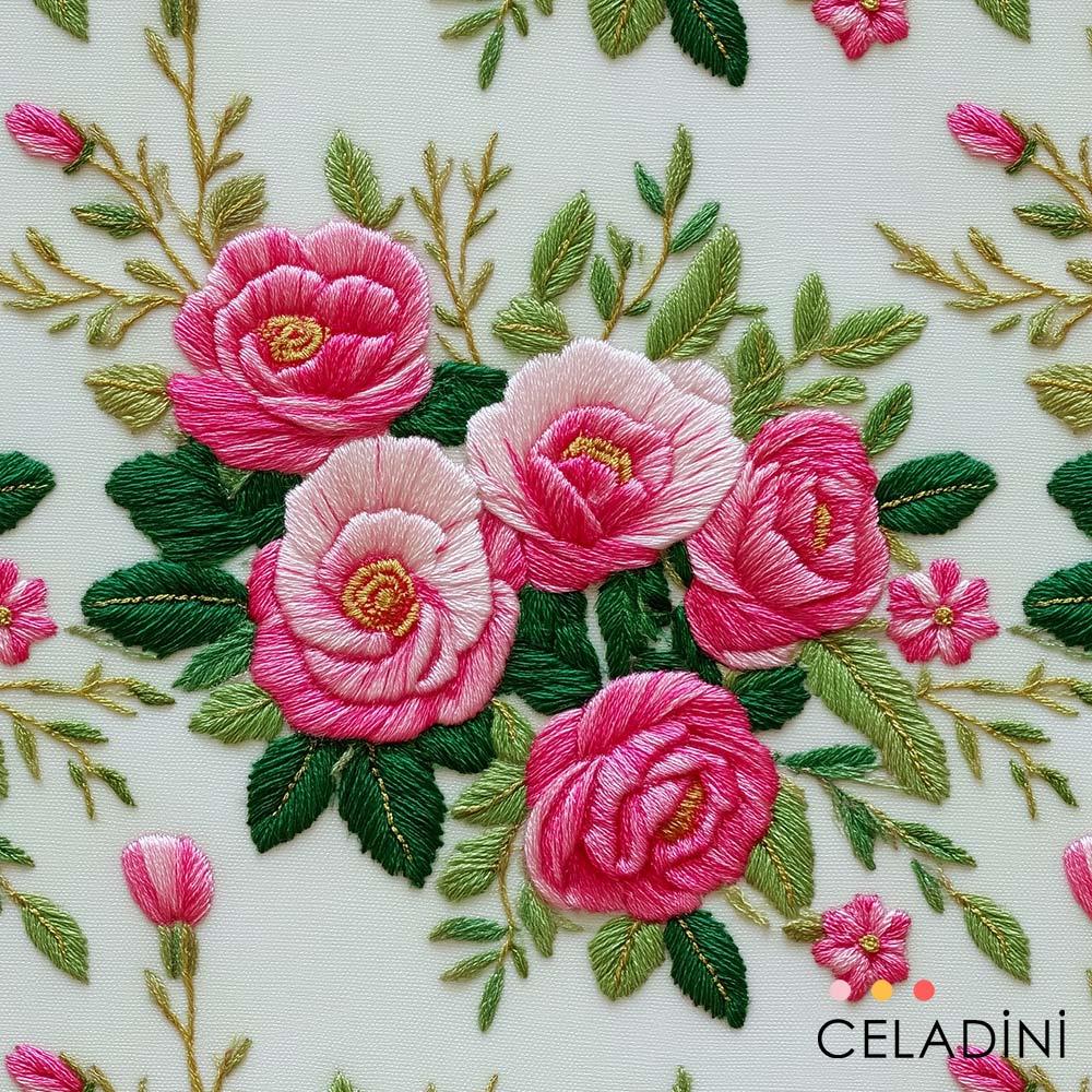 3D Nakış Efektli Pembe Gül Desenli Kumaş