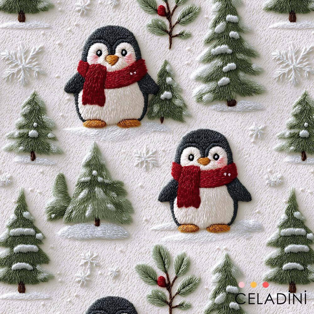 3D Nakış Efektli Penguenler Yılbaşı Kumaşı