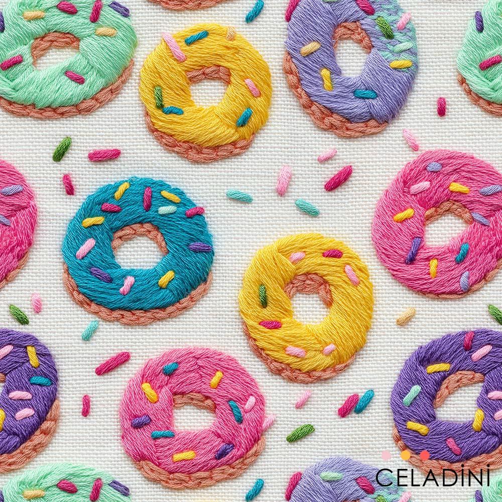 3D Nakış Efektli Renkli Donut Desenli Kumaş