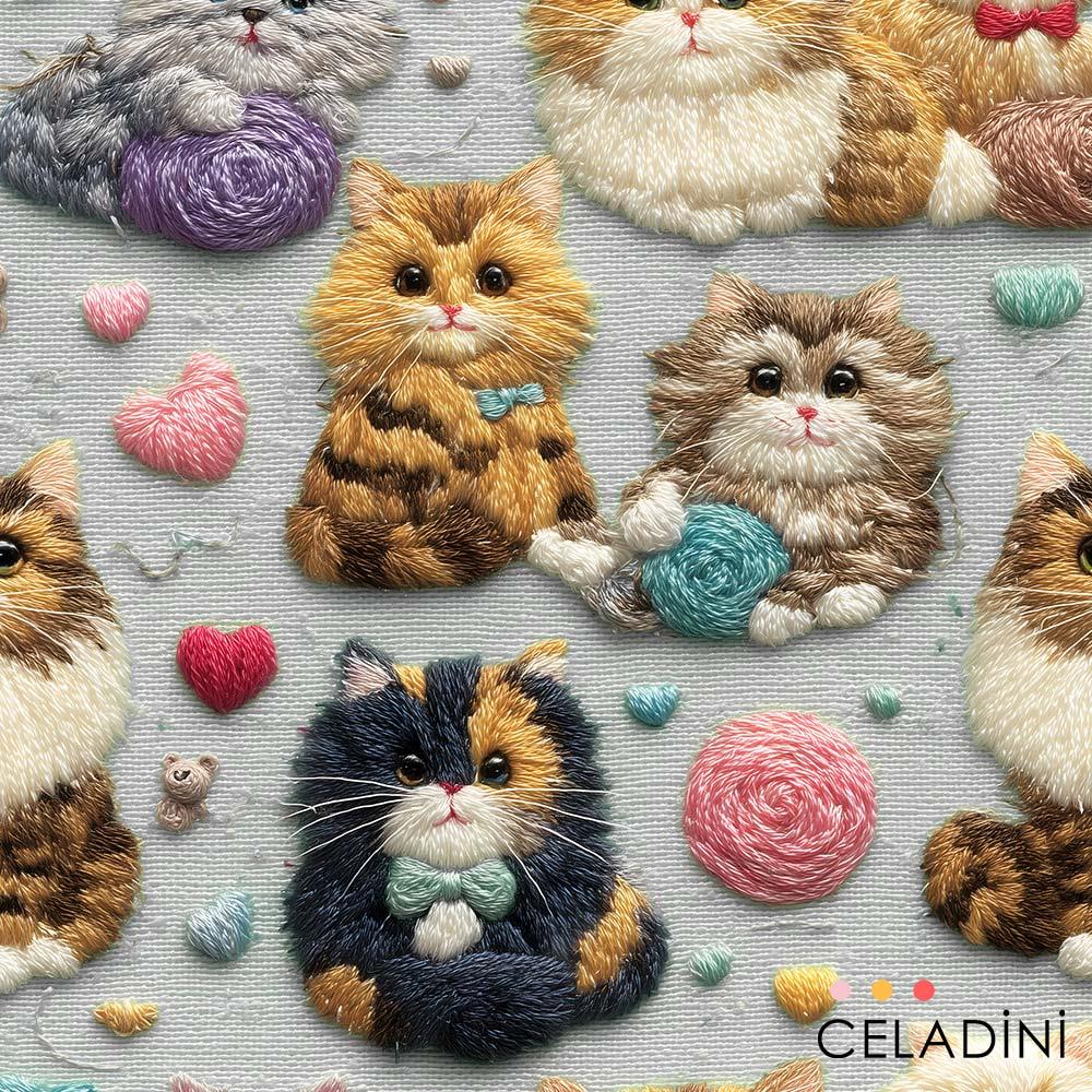 3D Nakış Efektli Renkli Kedi Desenli Kumaş