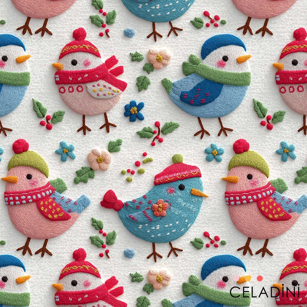 3D Nakış Efektli Renkli Sevimli Kuşlar Yılbaşı Kumaşı