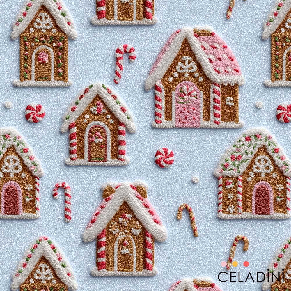 3D Nakış Efektli Şeker Evler Yılbaşı Kumaşı