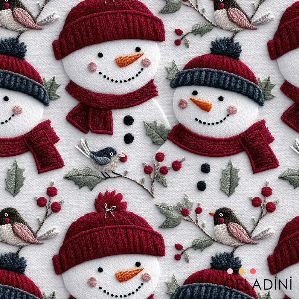 3D Nakış Efektli Sevimli Kardan Adamlar Yılbaşı Kumaşı