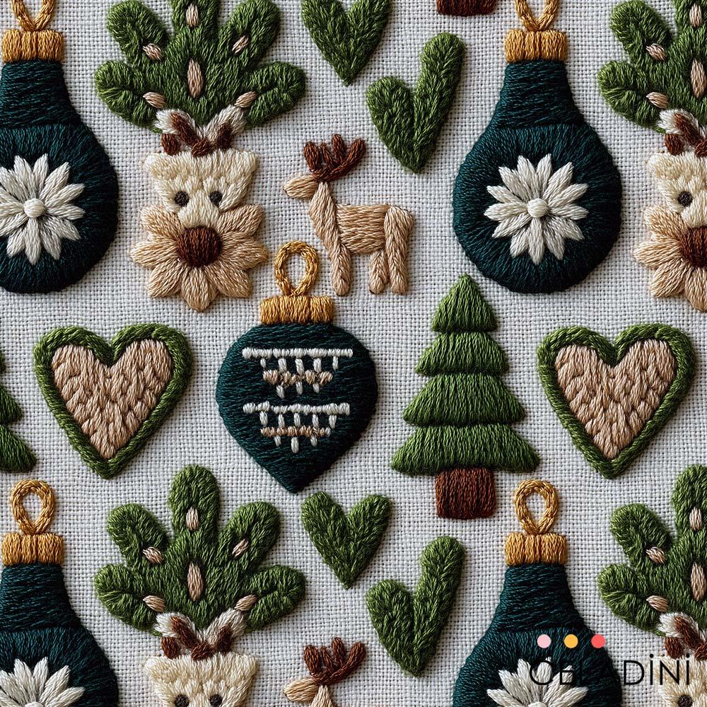 3D Nakış Efektli Süslemeler Yılbaşı Kumaşı