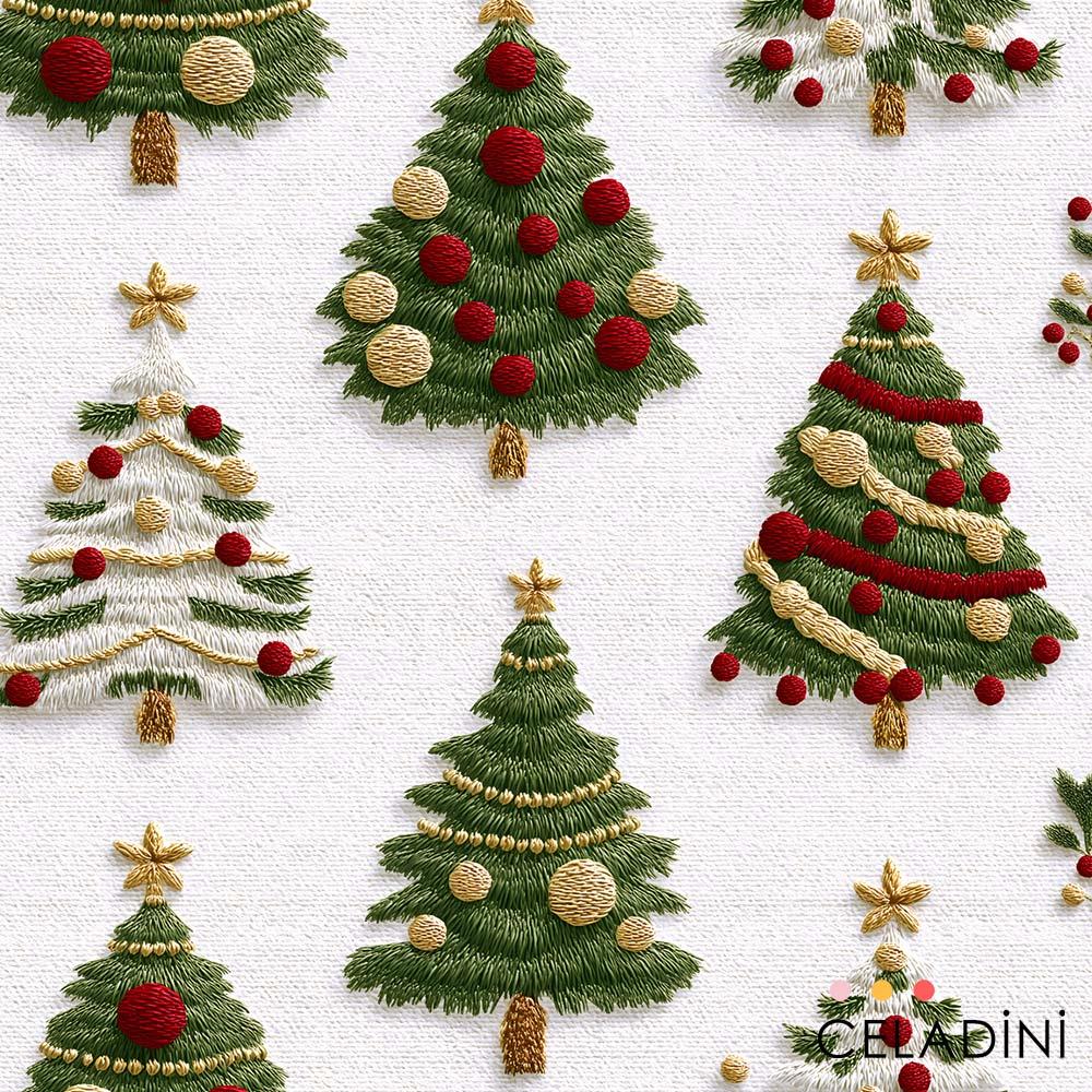 3D Nakış Efektli Süslenmiş Çam Ağaçları Yılbaşı Kumaşı