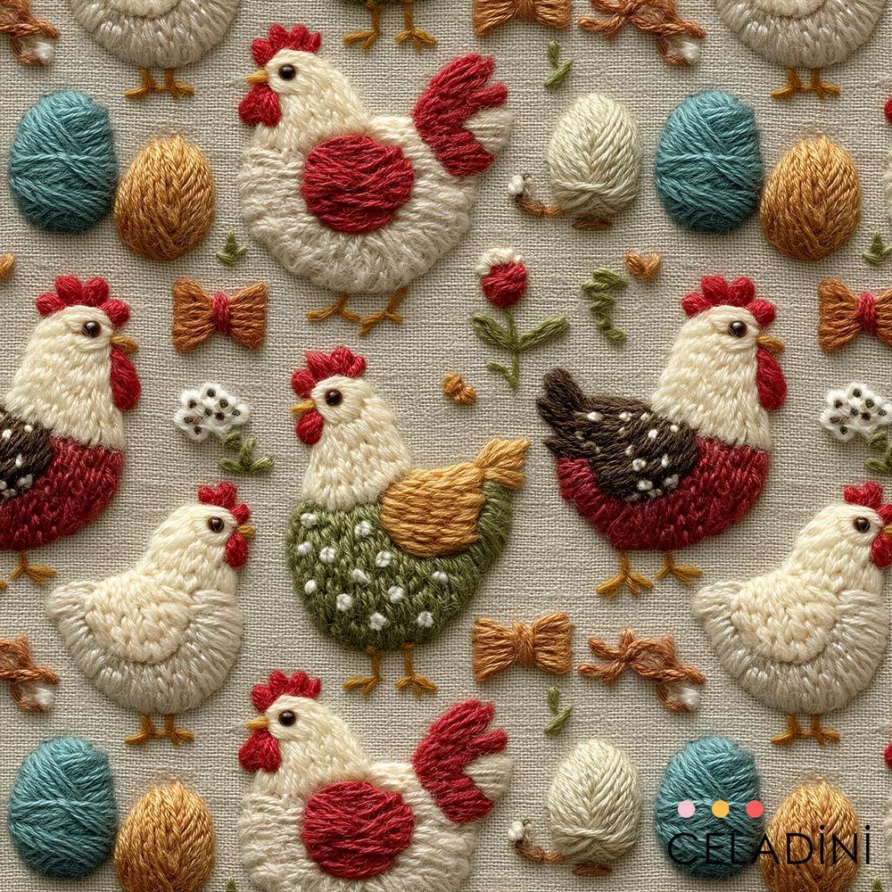 3D Nakış Efektli Tavuklar ve Yumurtalar Desenli Kumaş