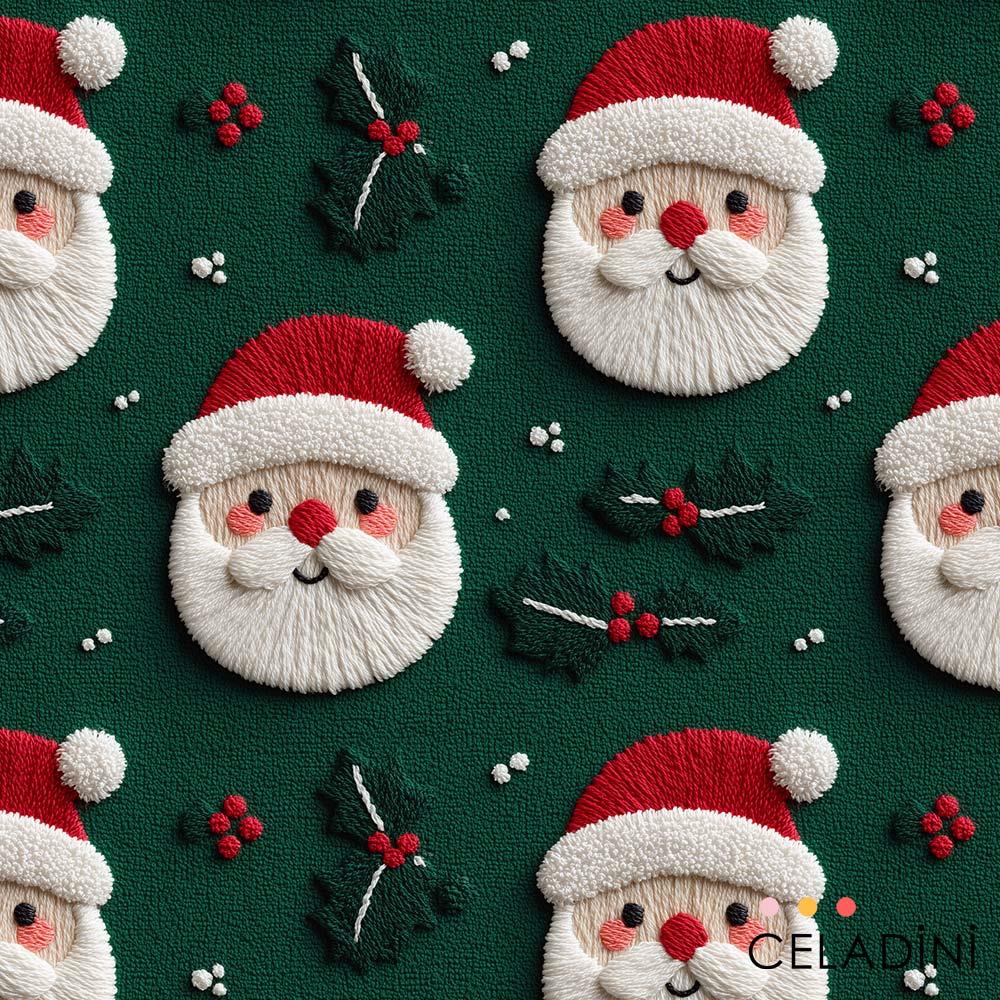 3D Nakış Efektli Yeşil Fon Noel Baba Yılbaşı Kumaşı