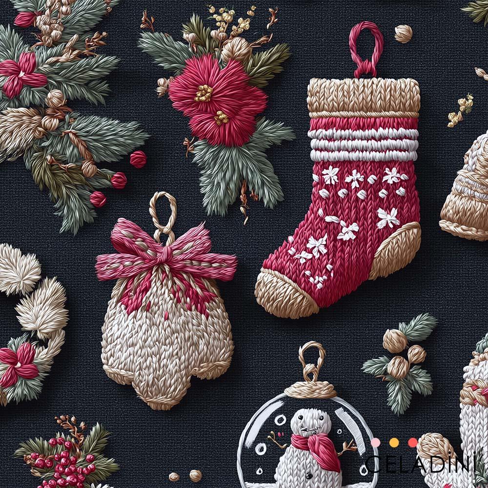 3D Nakış Efektli Yılbaşı Çorabı ve Süsler Yılbaşı Kumaşı