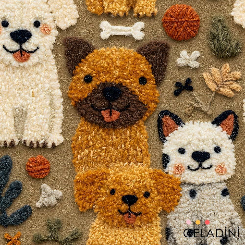 3D Nakış Köpekler Desenli Kumaş