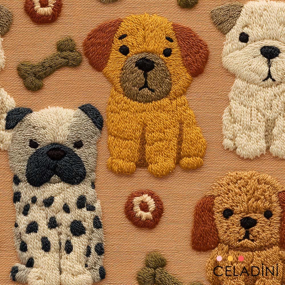 3D Nakış Yavru Köpekler Desenli Kumaş