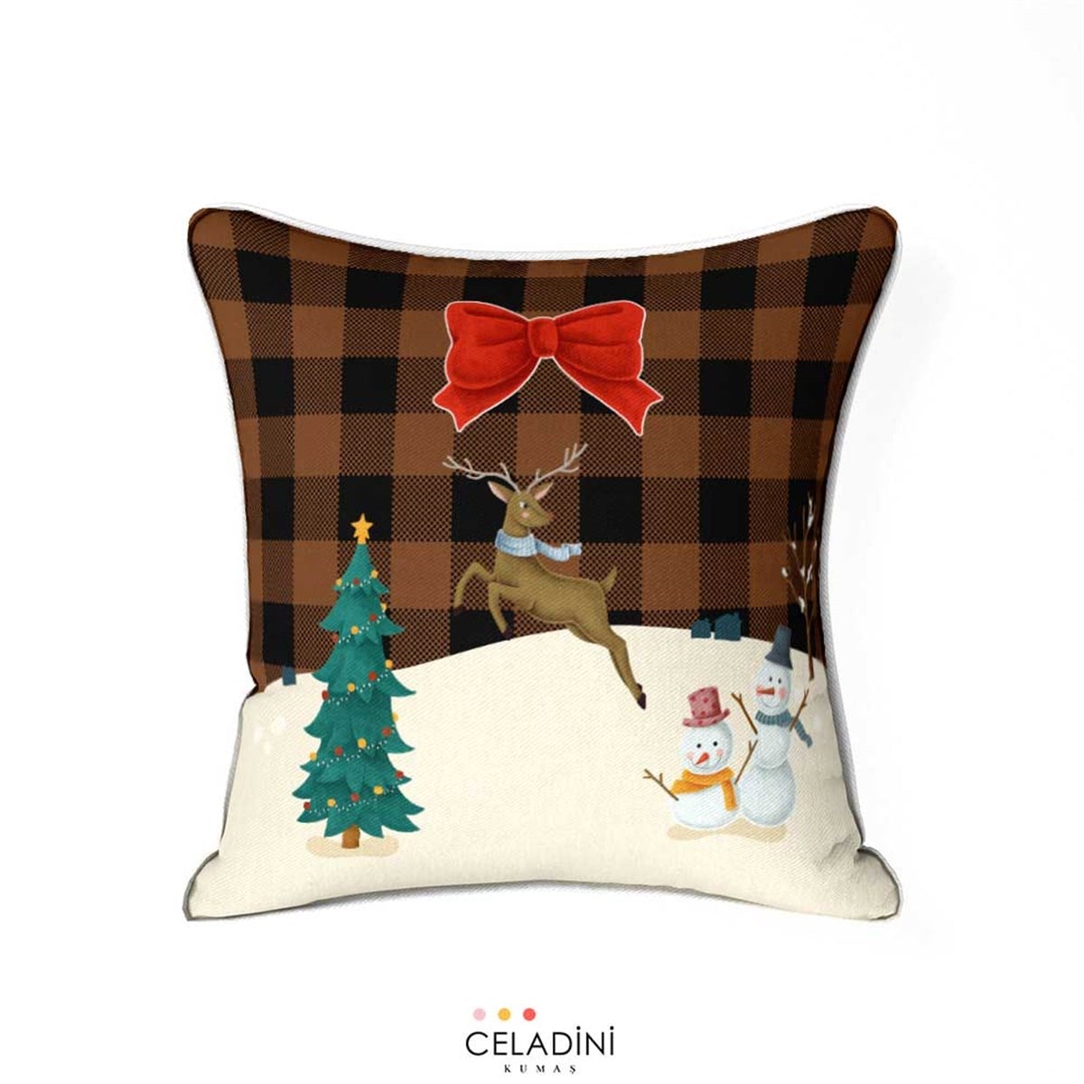 45x45 cm Kahve Siyah Ekose Yılbaşı Kırlent Kumaşı
