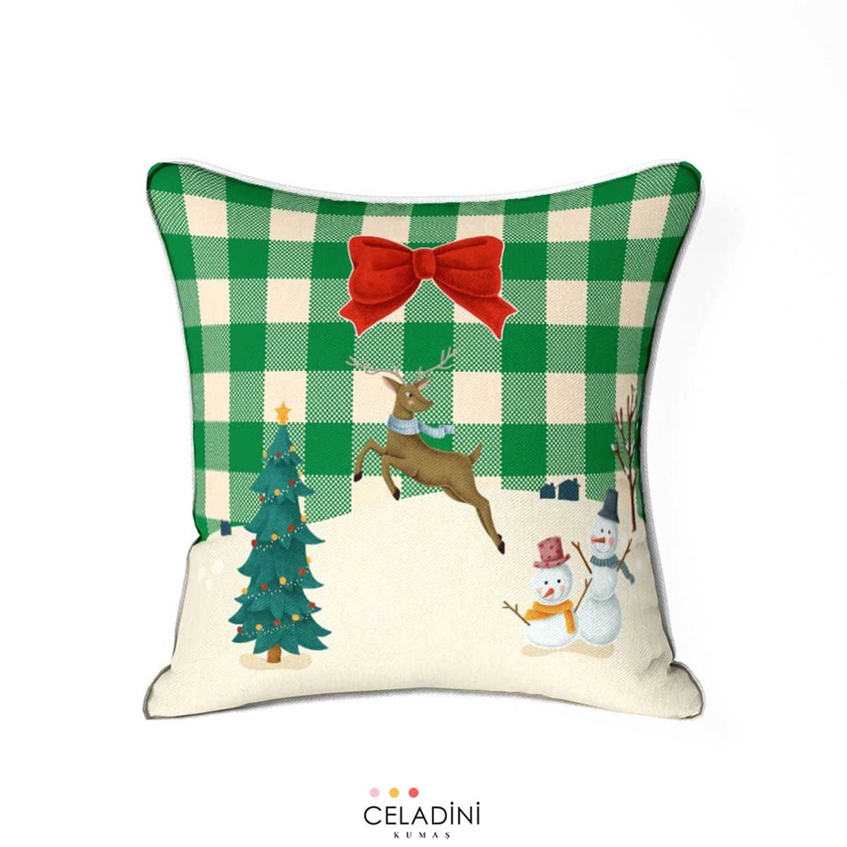 45x45 cm Yeşil Ekose Yılbaşı Kırlent Kumaşı