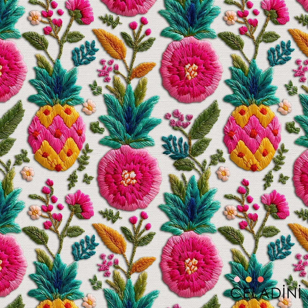 Ananas Çiçekler Desenli 3D Nakış Efektli Kumaş