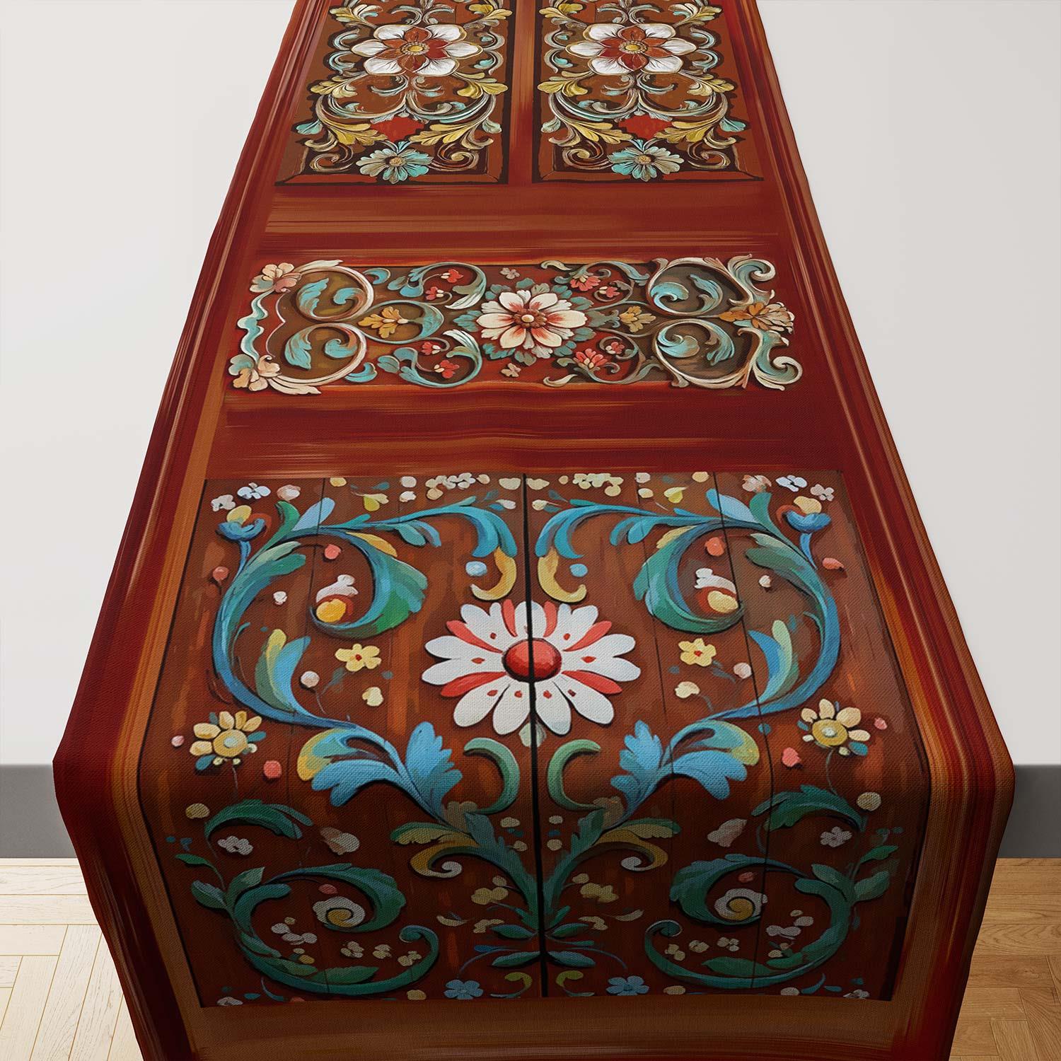 Antik Oyma Kapı Desenli Runner Kumaşı