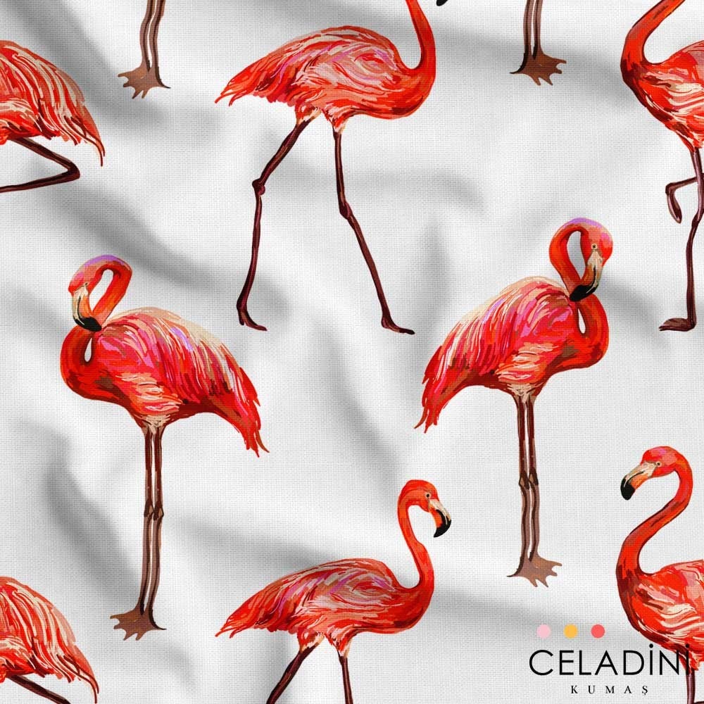 Beyaz Zemin Flamingo Desenli Kumaş