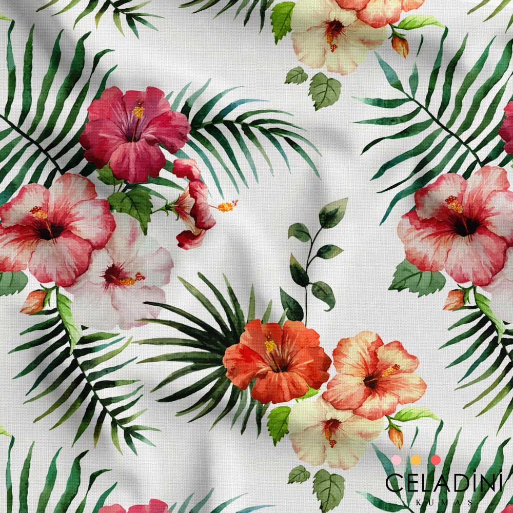 Beyaz Zemin Narin Hibiskus Desenli Kumaş