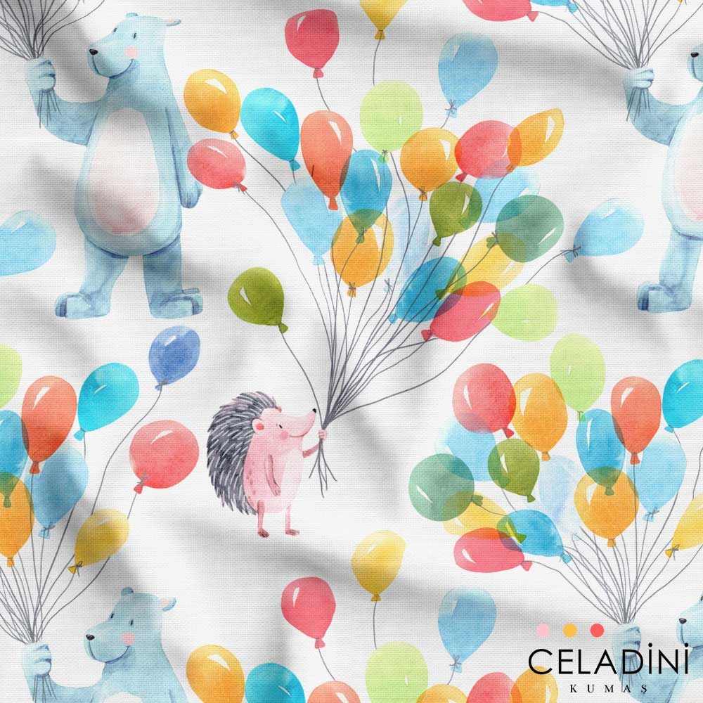 Beyaz Zemin Uçan Balon Desenli Çocuk Kumaşı