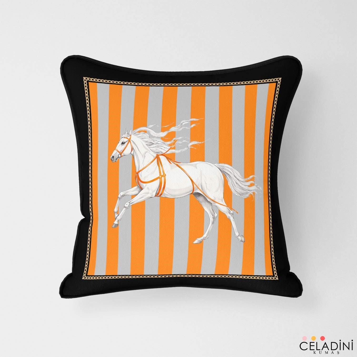 Chevaux Serisi Çizgili, At Desenli Kırlent Kumaşı