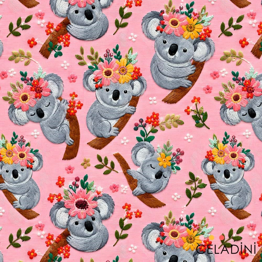 Çiçek Taçlı Koala Desenli 3D Nakış Efektli Kumaş