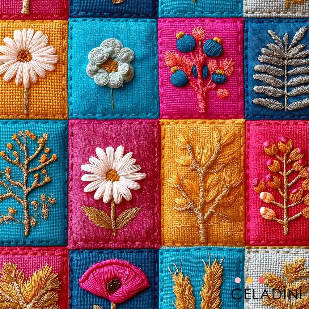 Çiçek ve Dal Patchwork 3D Nakış Efektli Kumaş