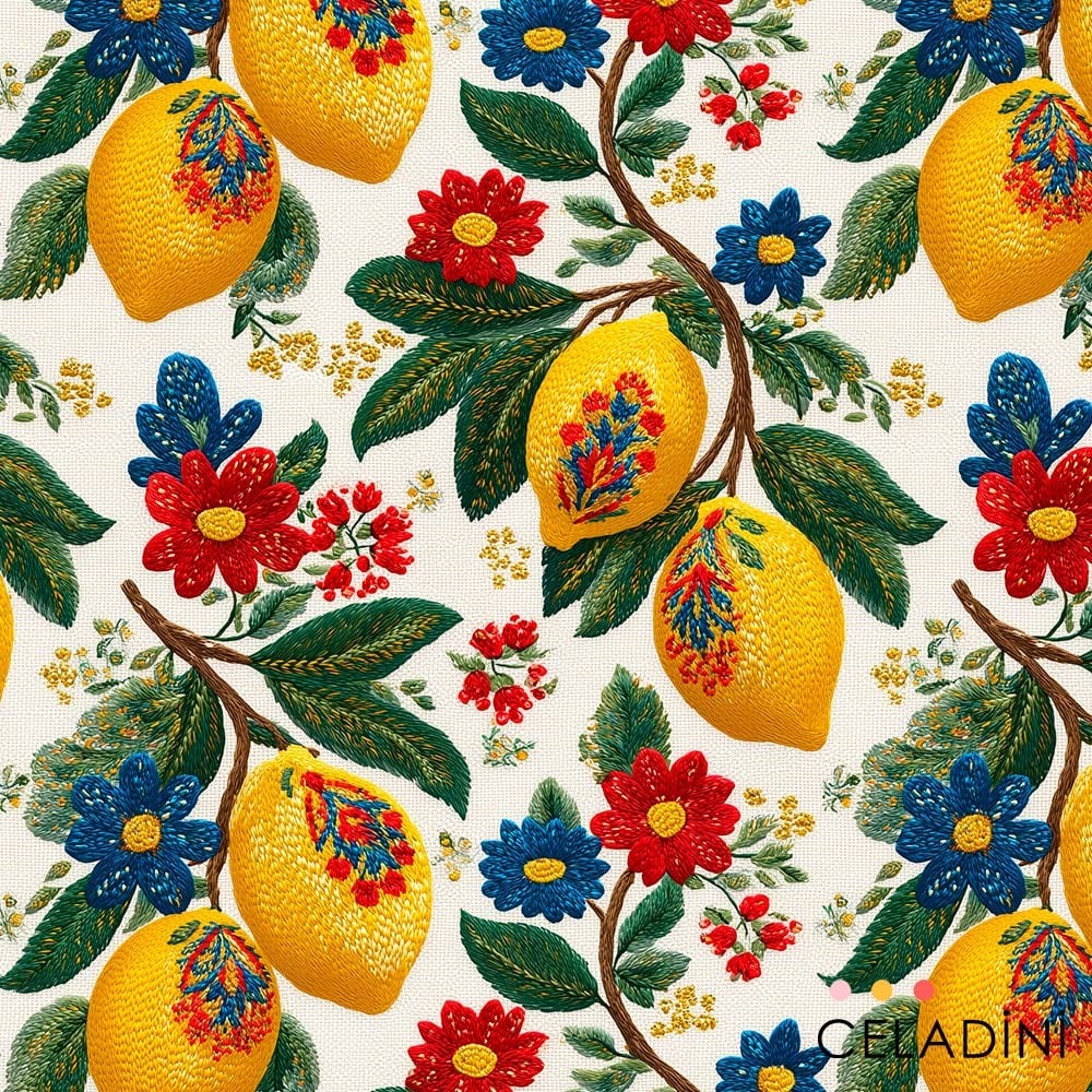 Çiçekli Limon Dalları 3D Nakış Efektli Kumaş