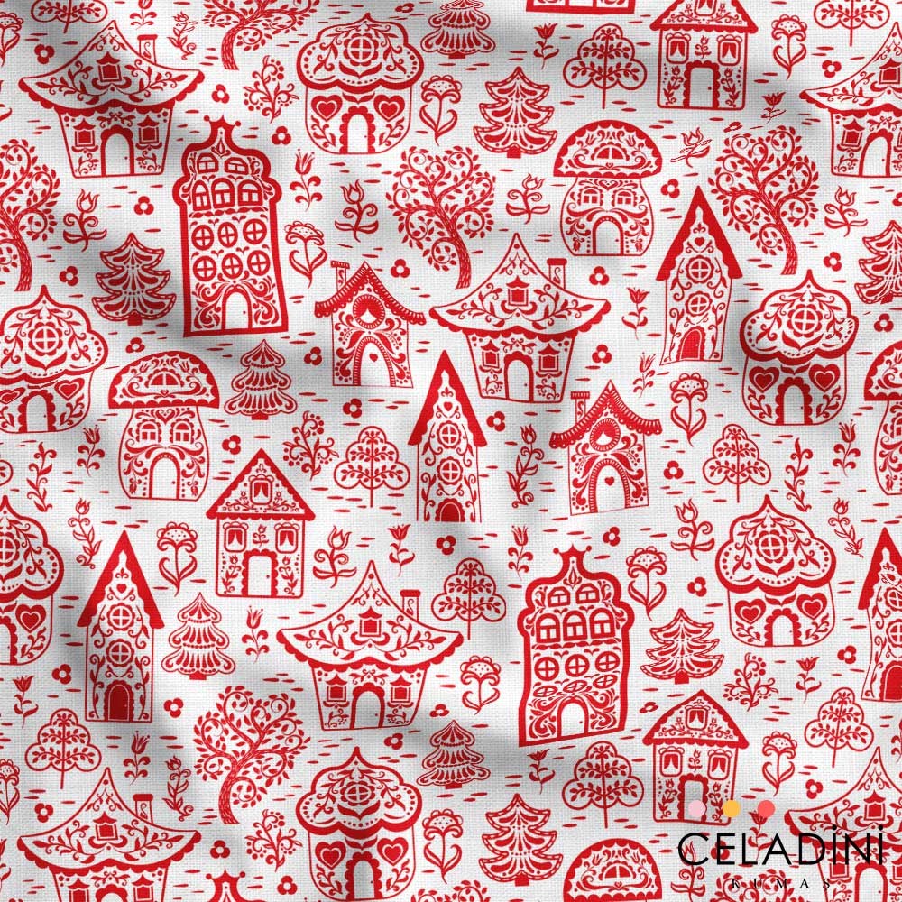 Çini Evler Desenli Kumaş