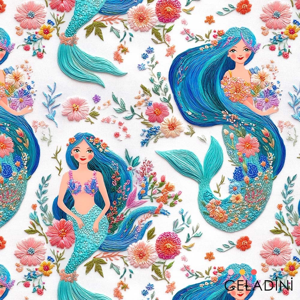 Deniz Kızı Desenli 3D Nakış Efektli Kumaş
