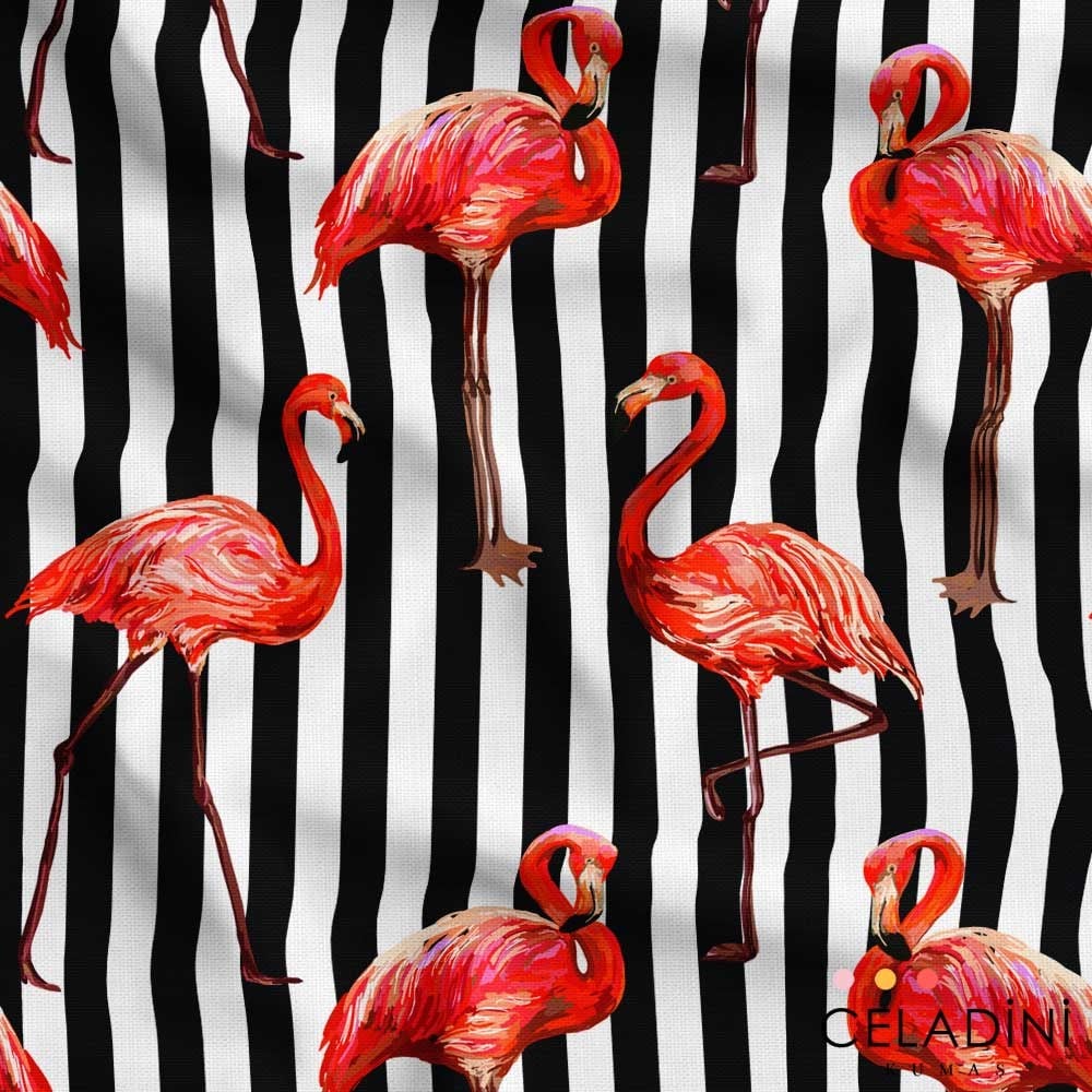 Dikey Çizgili Flamingo Desenli Kumaş