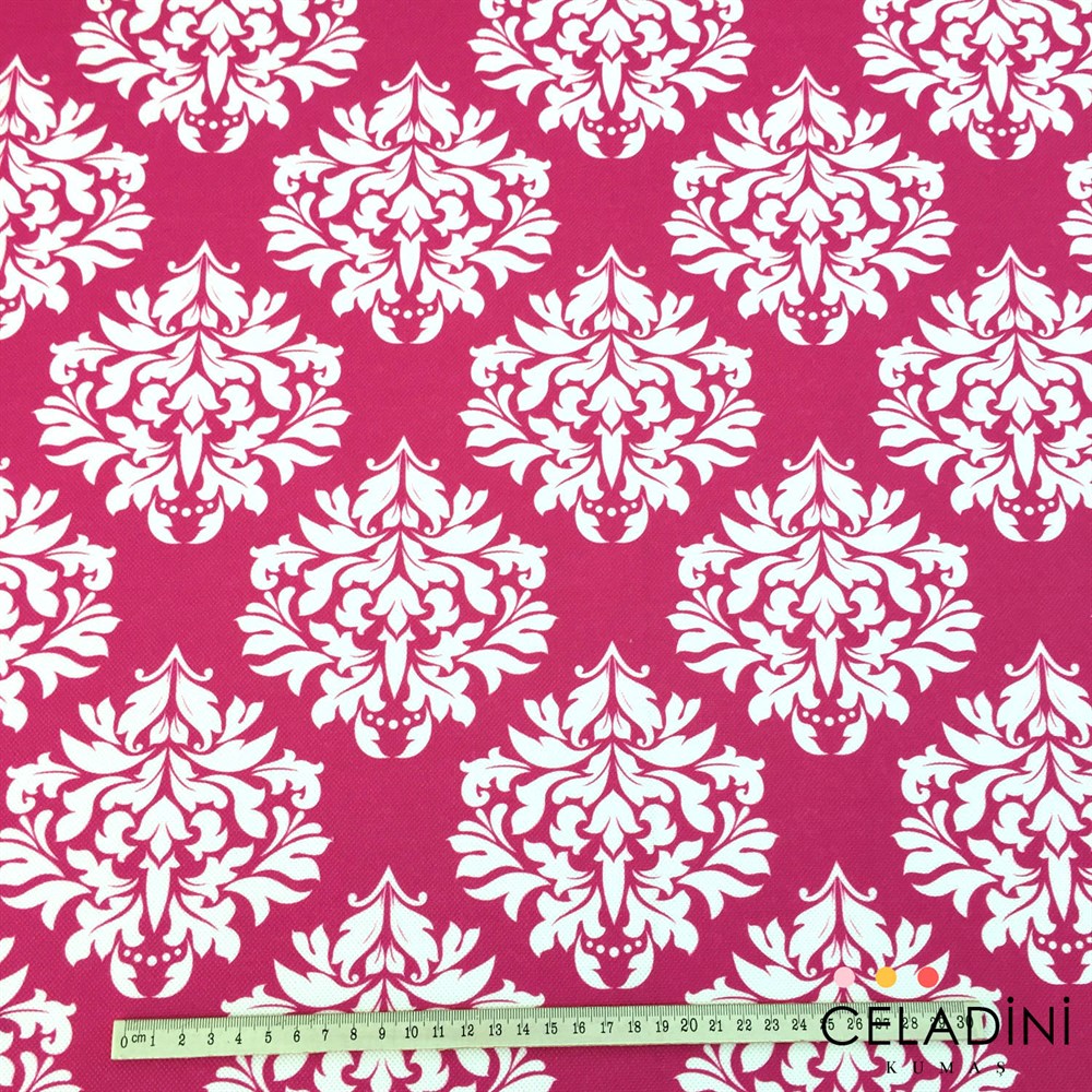 Fuşya Beyaz Damask Desenli Kumaş