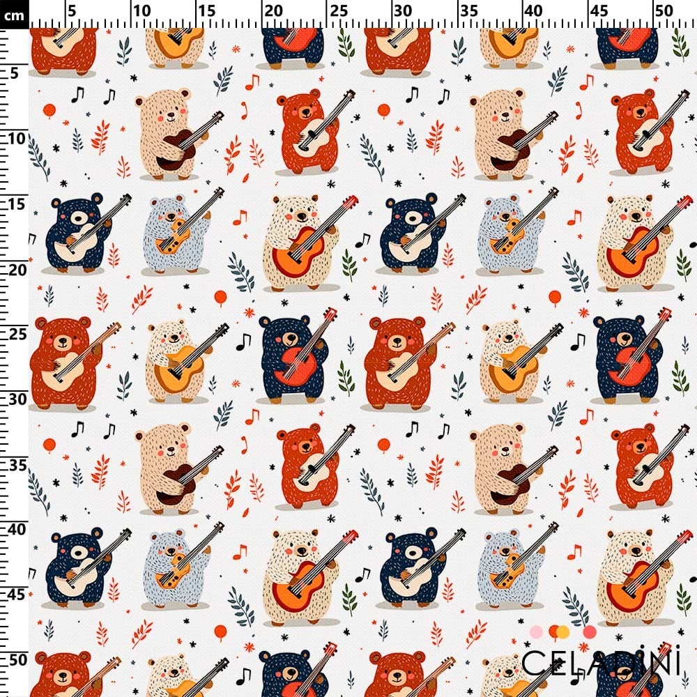 Gitar Çalan Sevimli Ayılar Desenli Kumaş