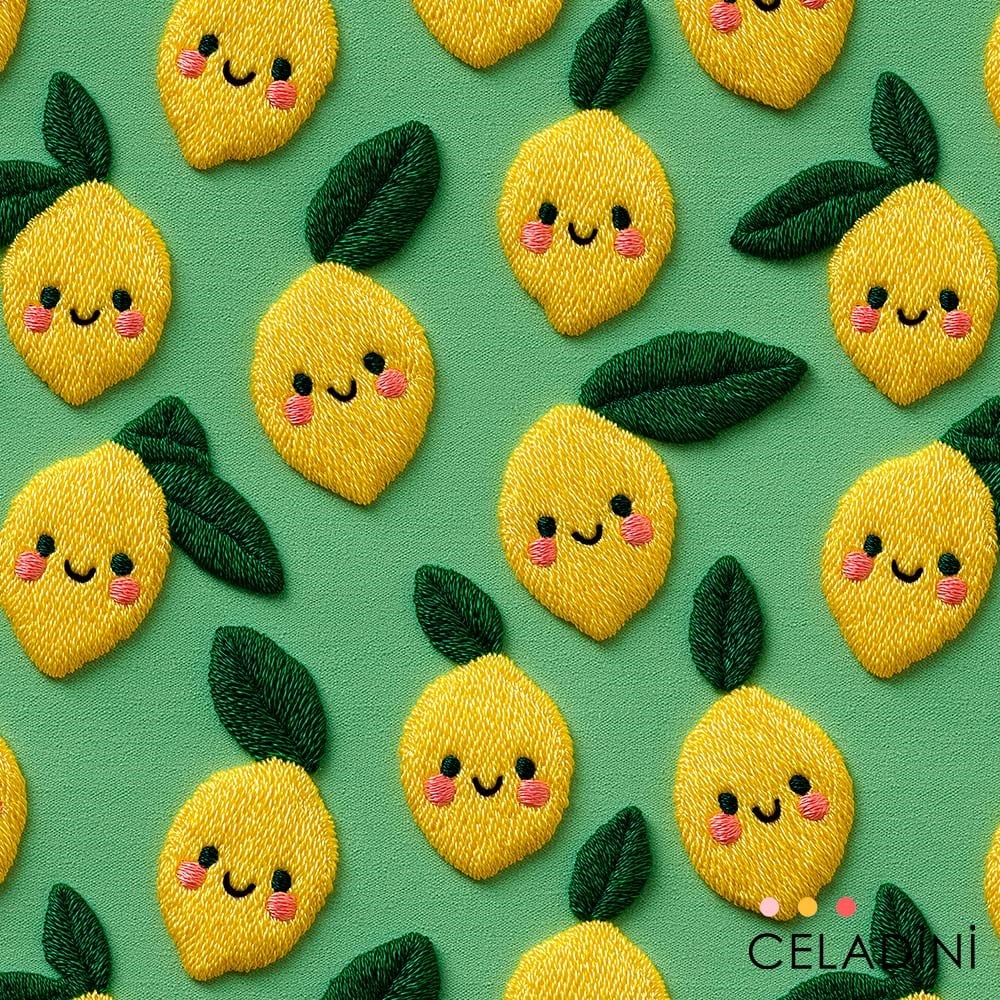 Gülümseyen Limonlar Desenli 3D Nakış Efektli Kumaş