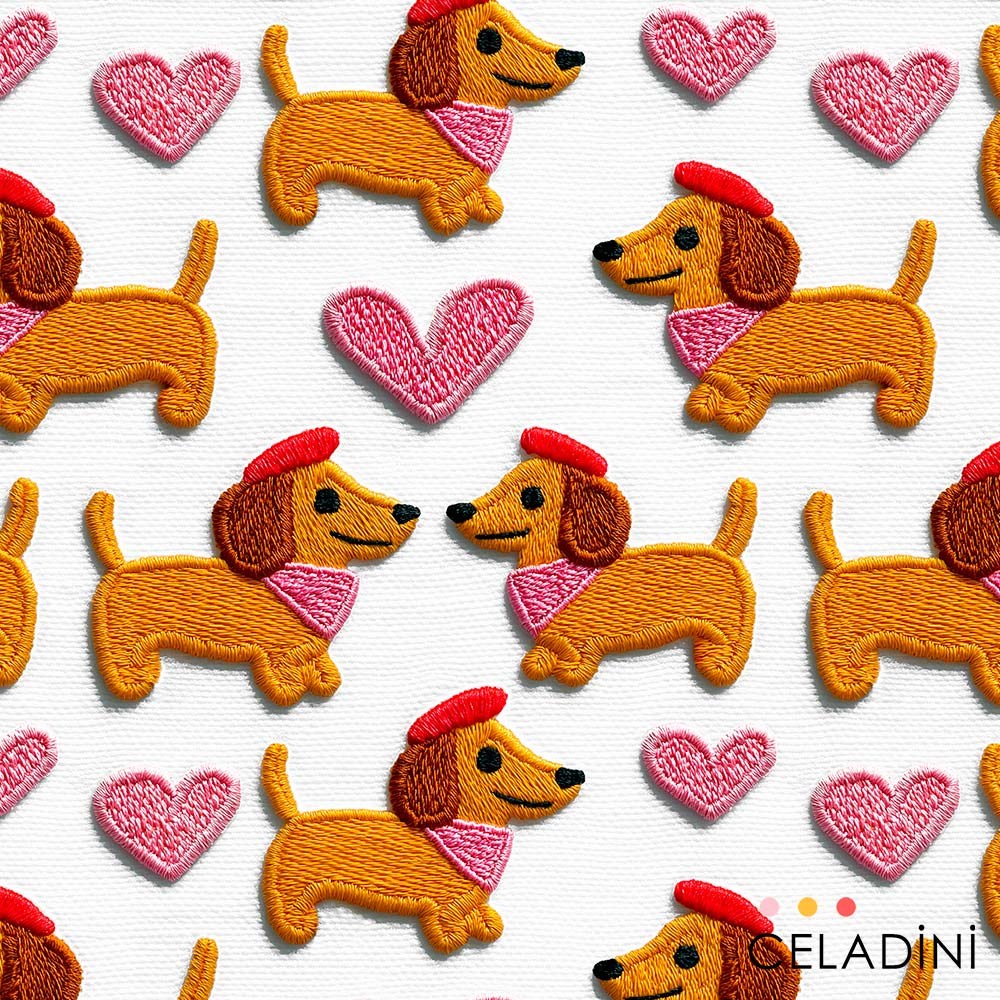 Kalpli Sosis Köpek Desenli 3D Nakış Efektli Kumaş