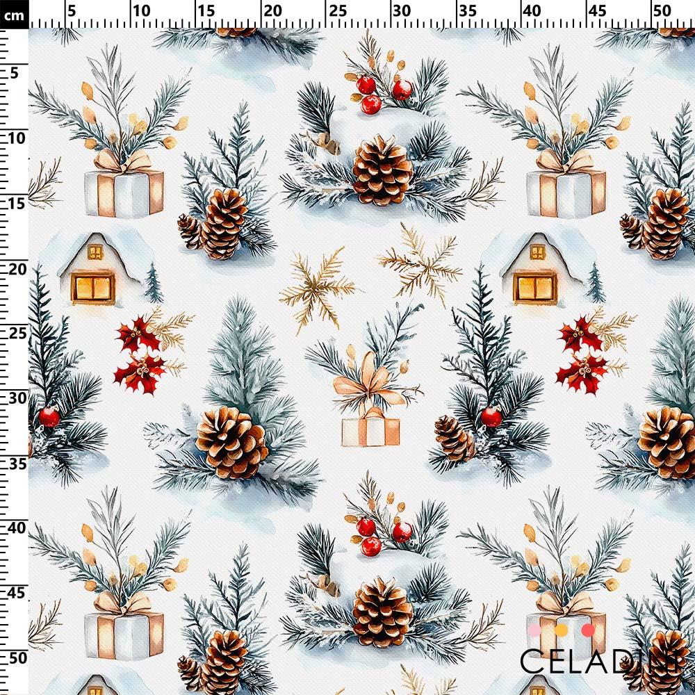 Karlı Evler ve Kozalaklar Yılbaşı Desenli Kumaş