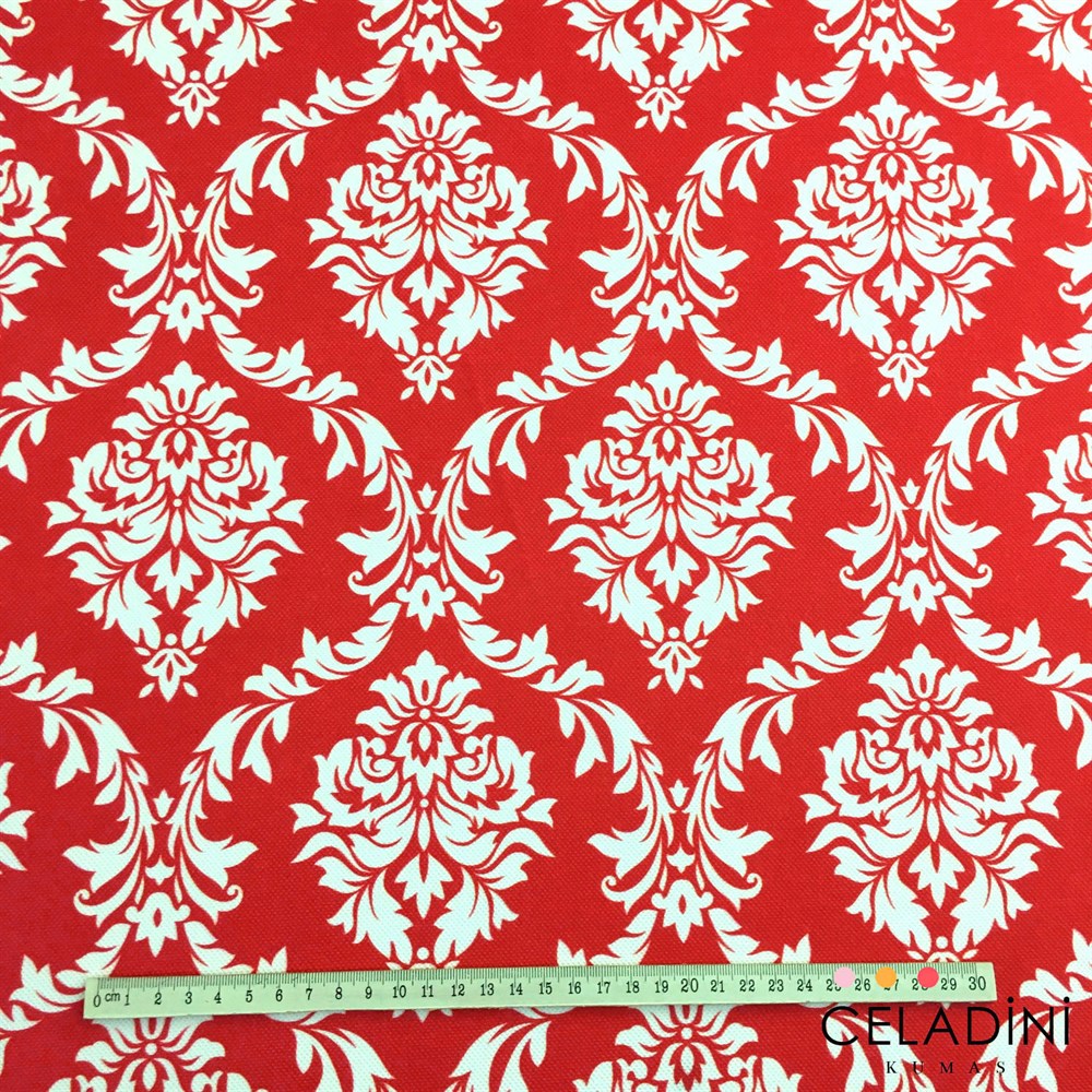 Kırmızı Beyaz Büyük Damask Desenli Kumaş