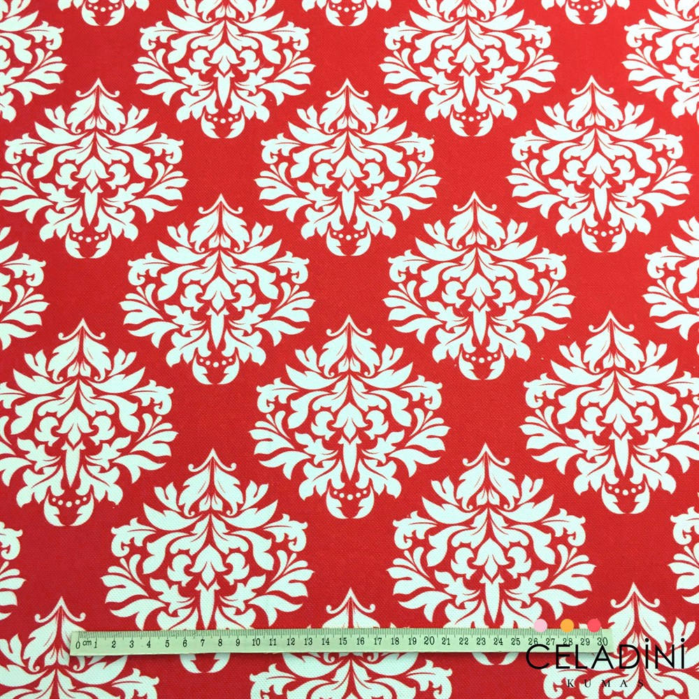 Kırmızı Beyaz Damask Desenli Kumaş