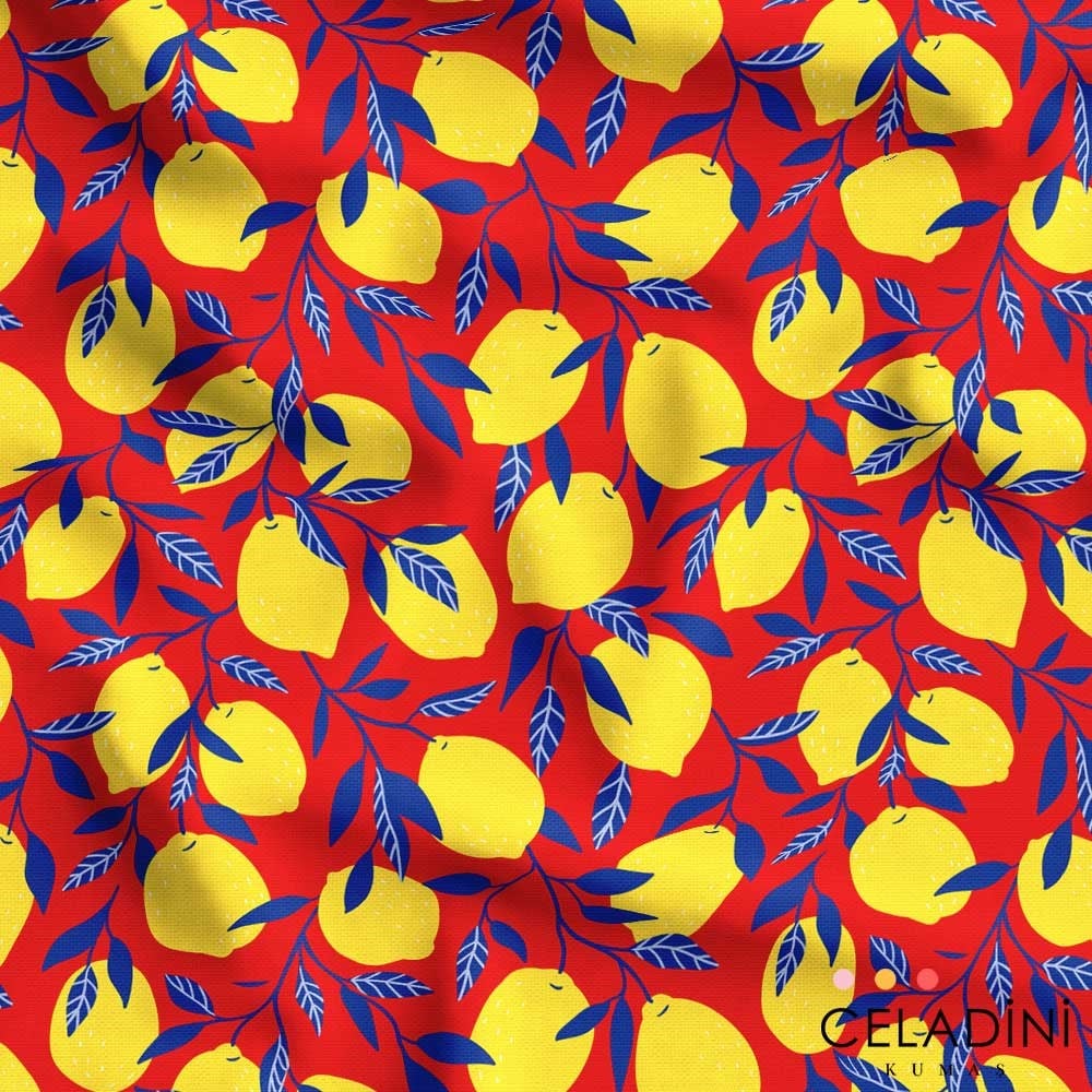 Kırmızı Fon Limon Desenli Kumaş