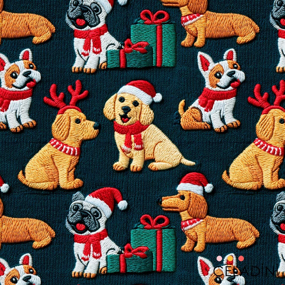Köpekler ve Hediyeler 3D Nakış Efektli Kumaş