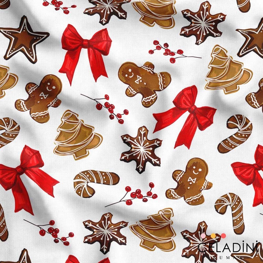 Kurabiyeli Kurdeleli Yılbaşı Kumaşı