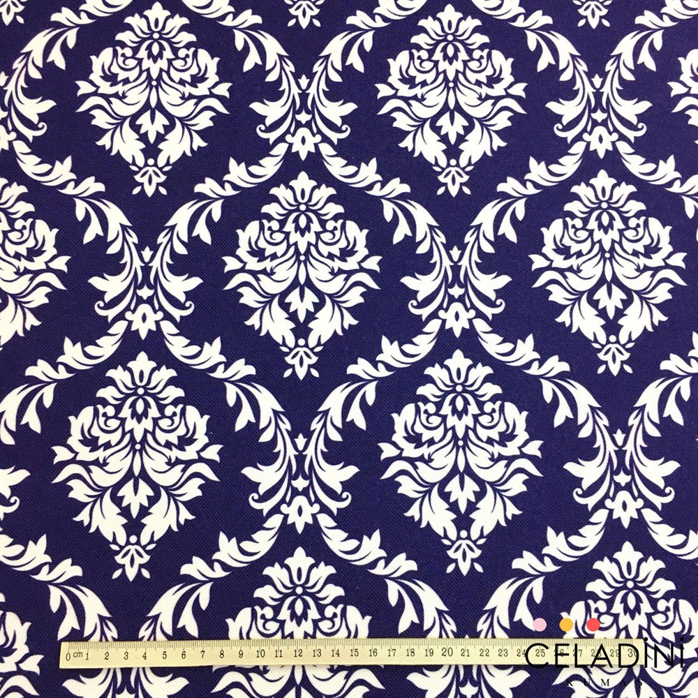 Lacivert Beyaz Büyük Damask Desenli Kumaş