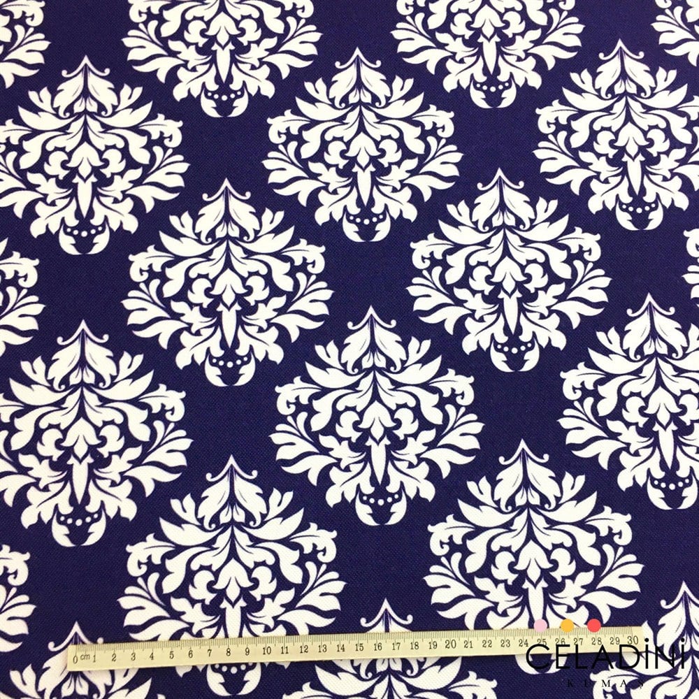 Lacivert Beyaz Damask Desenli Kumaş